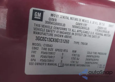 2008 Chevrolet Silverado 1500 Lt1 z USA, uszkodzony, nr VIN 3GCEC13CX8G131260